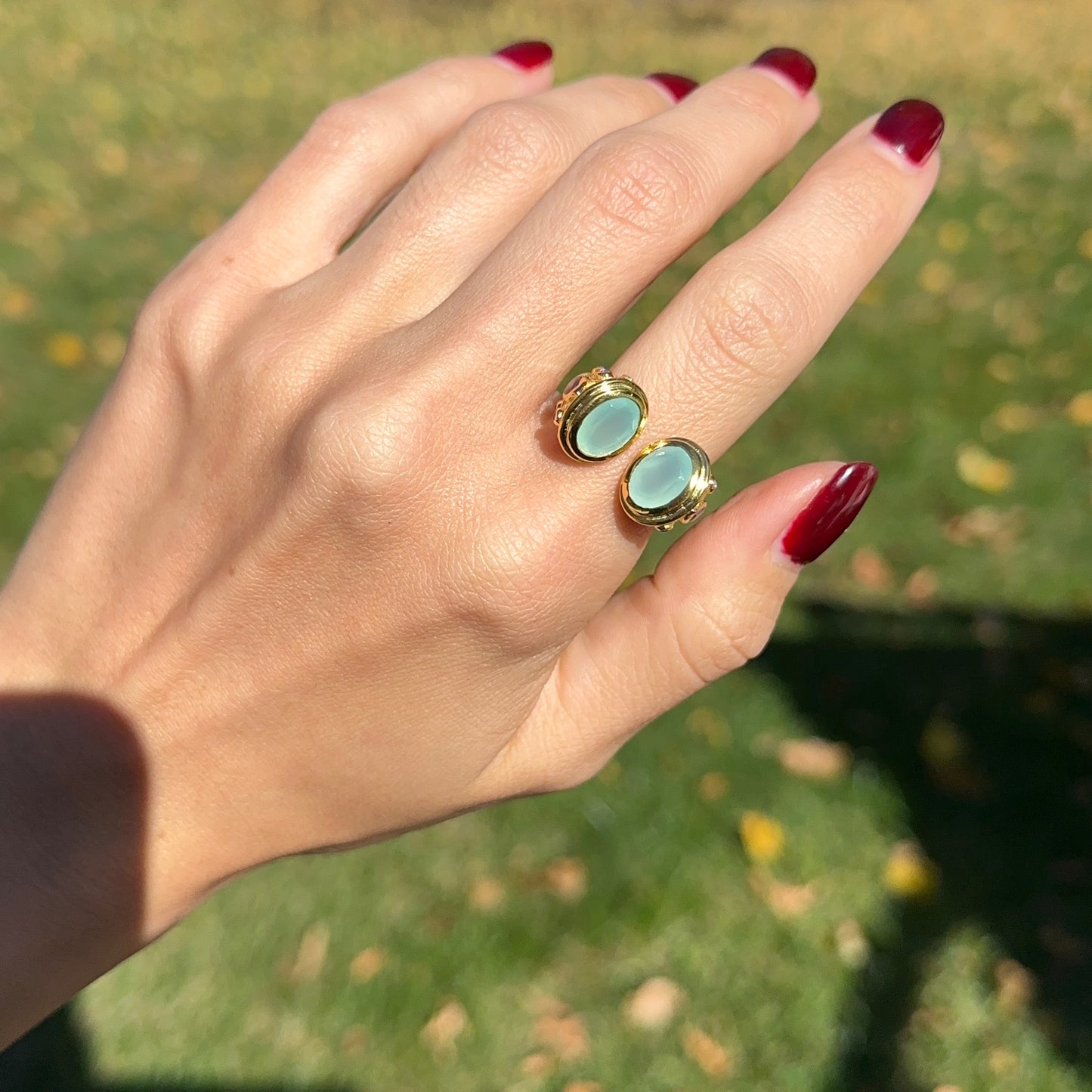 Sterling Silver Yellow Gold-Plated Oval Chalcedony+ Amethyst Open Ring