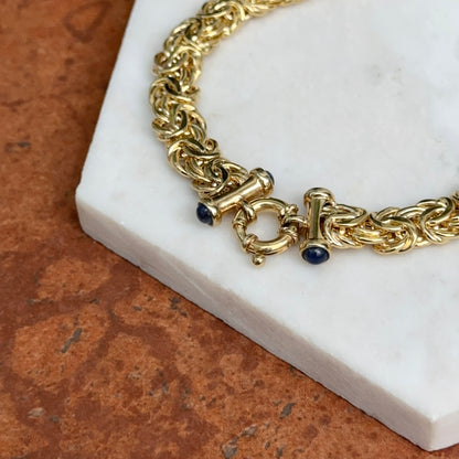 Estate 14KT Yellow Gold Byzantine Link Blue Sapphire Toggle Clasp Necklace