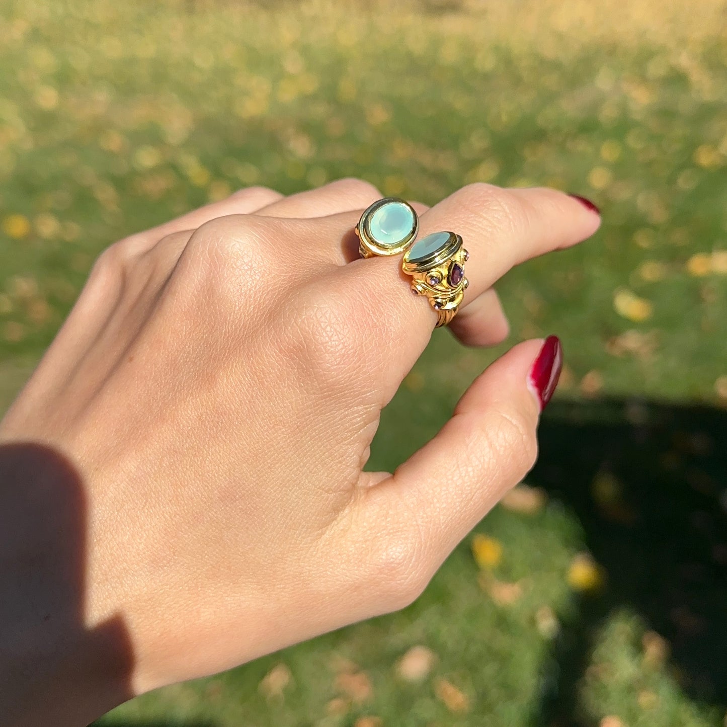 Sterling Silver Yellow Gold-Plated Oval Chalcedony+ Amethyst Open Ring