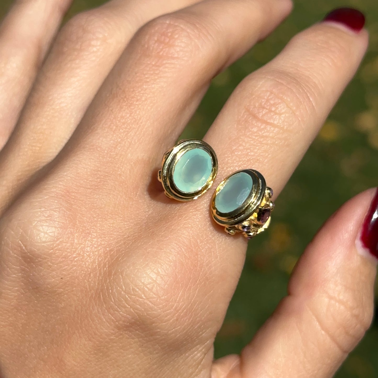 Sterling Silver Yellow Gold-Plated Oval Chalcedony+ Amethyst Open Ring