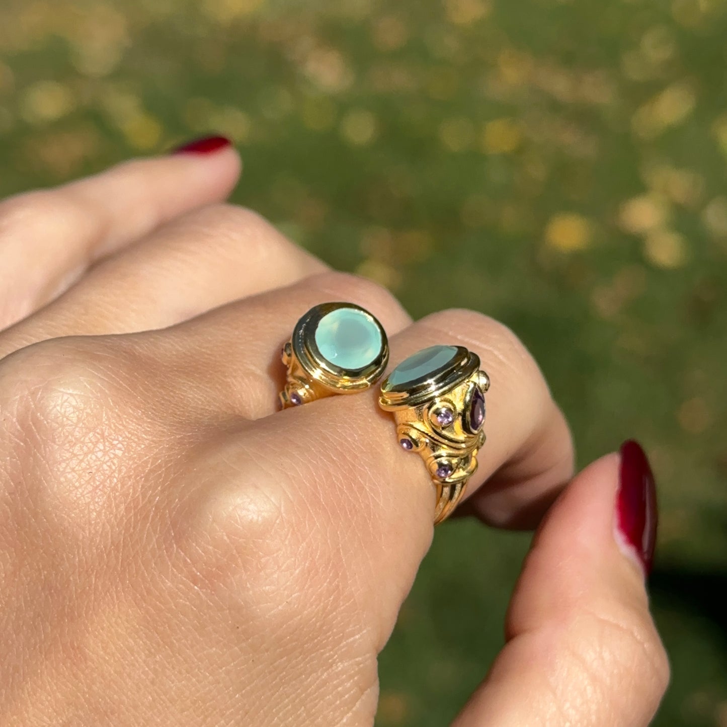 Sterling Silver Yellow Gold-Plated Oval Chalcedony+ Amethyst Open Ring