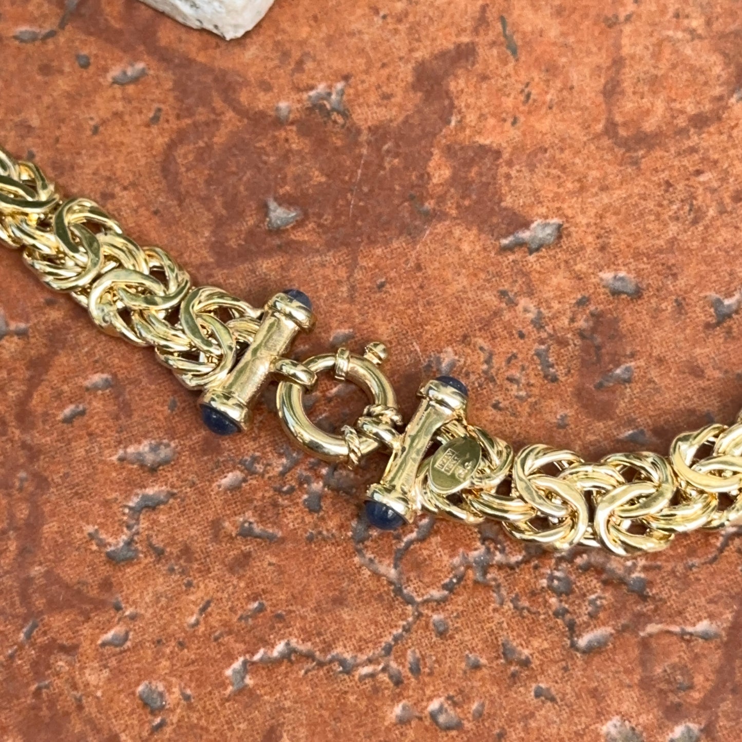 Estate 14KT Yellow Gold Byzantine Link Blue Sapphire Toggle Clasp Necklace