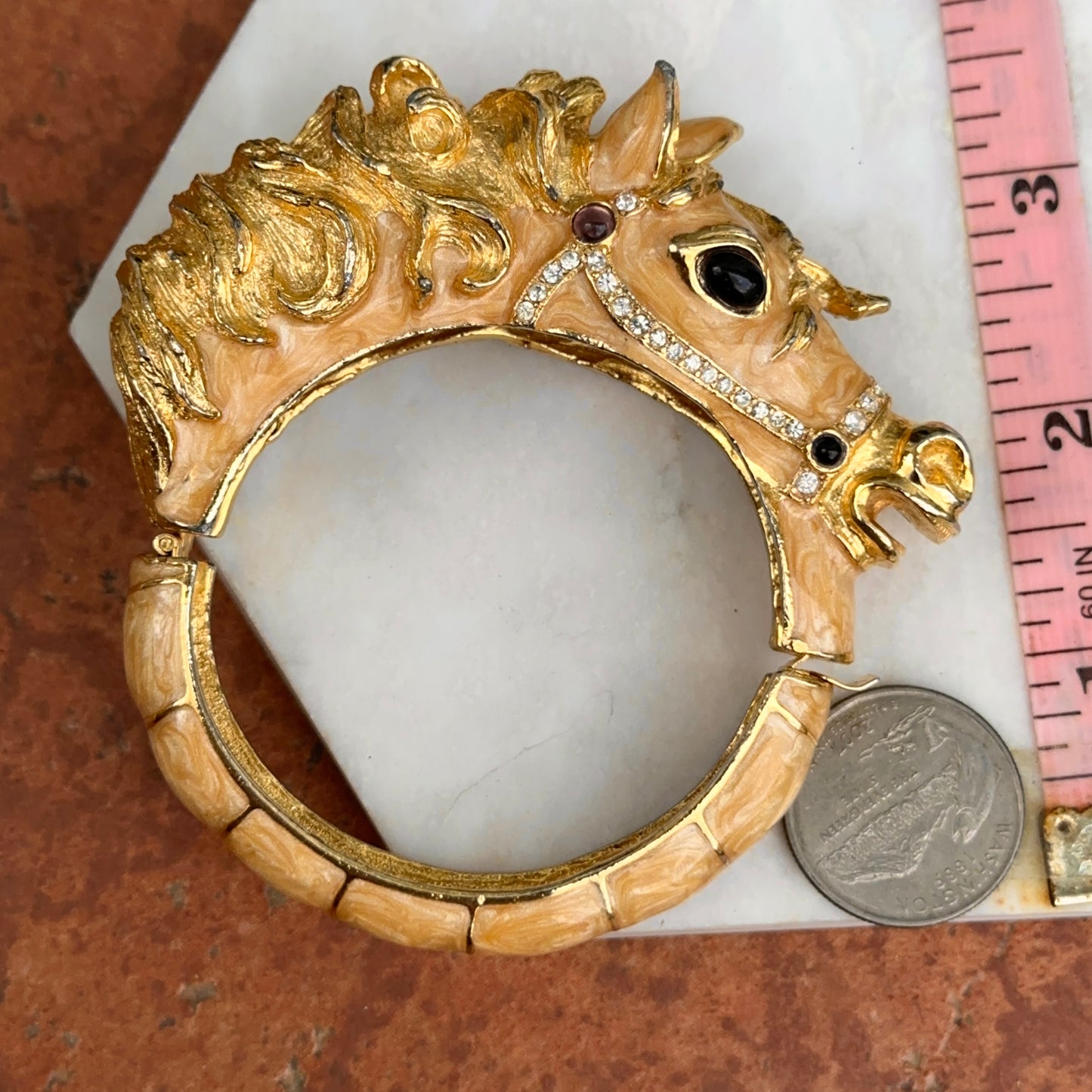 Estate Gold-Tone Enamel Gemstone Horse Head Bangle Bracelet