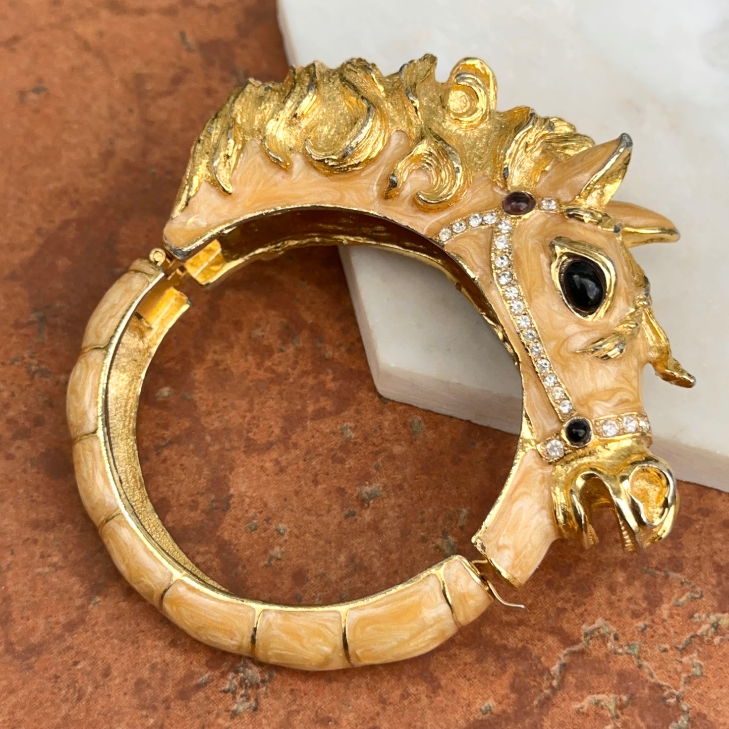 Estate Gold-Tone Enamel Gemstone Horse Head Bangle Bracelet