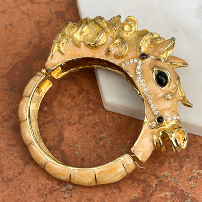 Estate Gold-Tone Enamel Gemstone Horse Head Bangle Bracelet