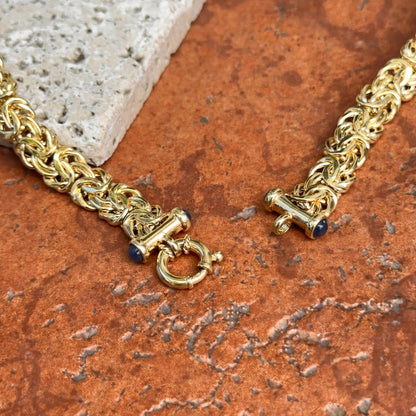 Estate 14KT Yellow Gold Byzantine Link Blue Sapphire Toggle Clasp Necklace