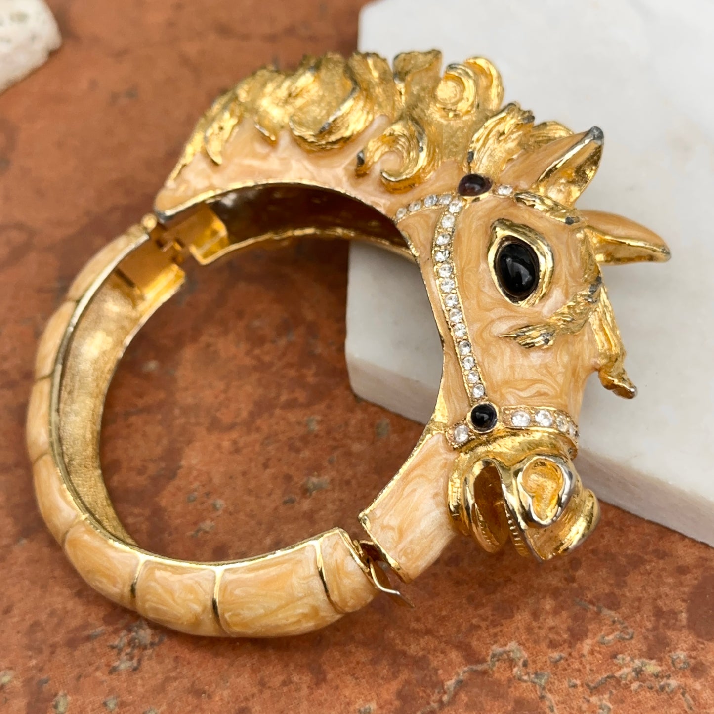 Estate Gold-Tone Enamel Gemstone Horse Head Bangle Bracelet