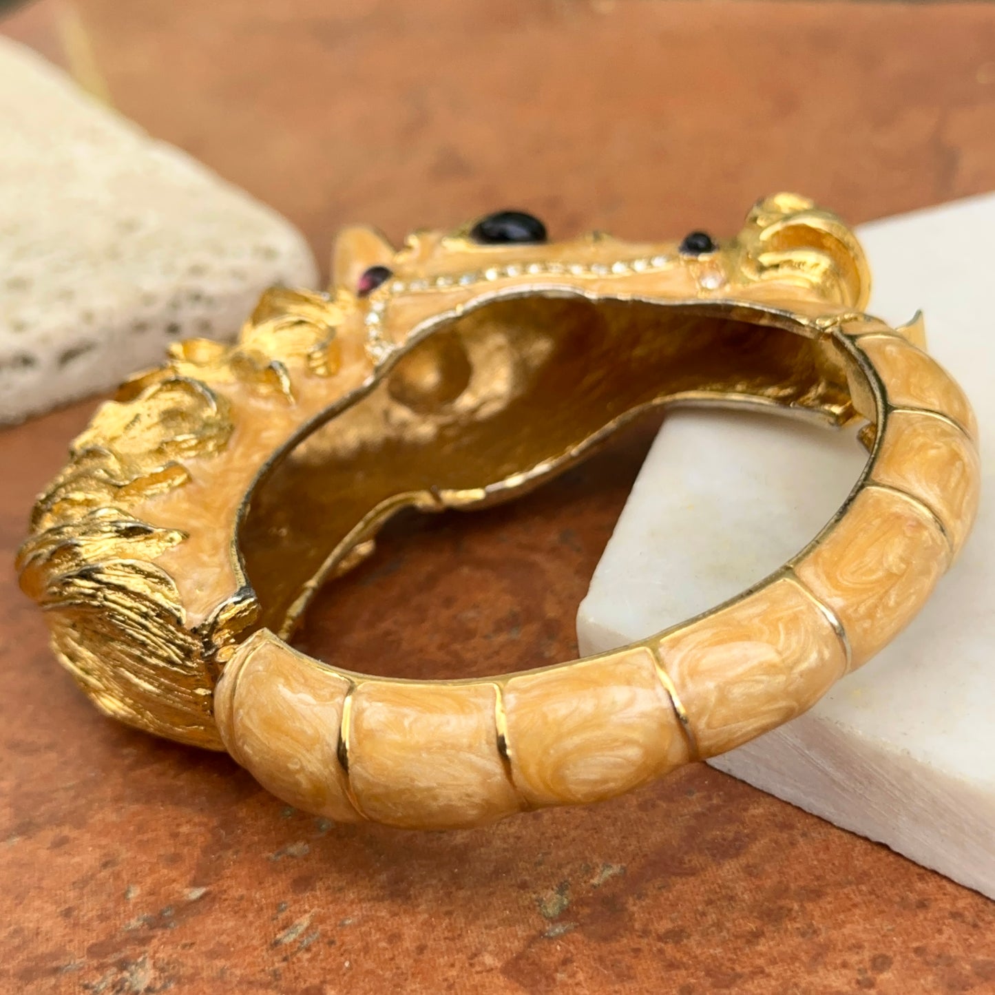 Estate Gold-Tone Enamel Gemstone Horse Head Bangle Bracelet