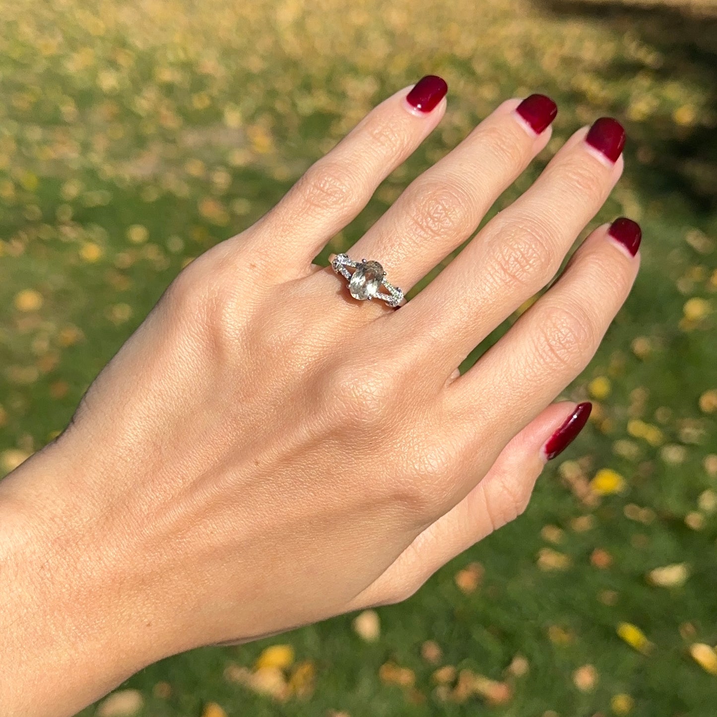 Estate 14KT White Gold Oval Prasiolite + Round Pave Diamond Ring