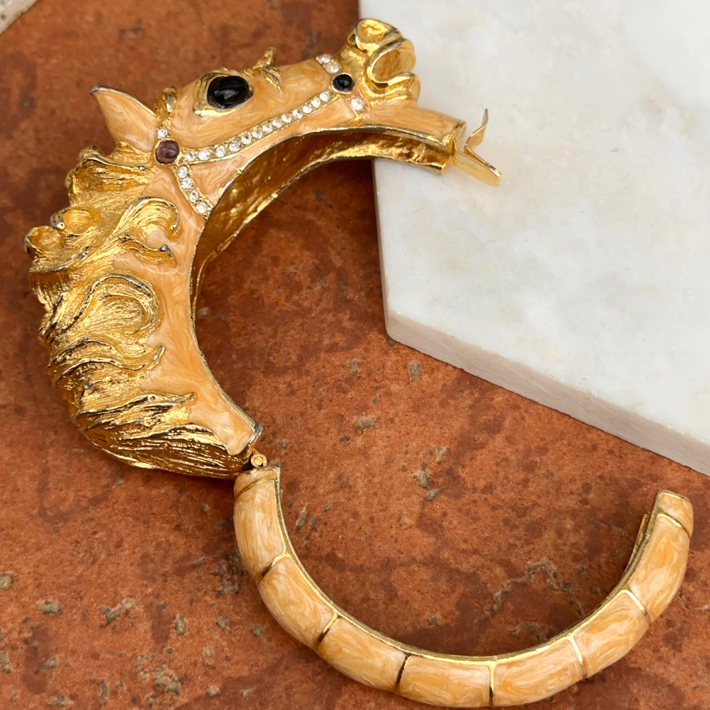 Estate Gold-Tone Enamel Gemstone Horse Head Bangle Bracelet