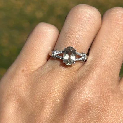 Estate 14KT White Gold Oval Prasiolite + Round Pave Diamond Ring