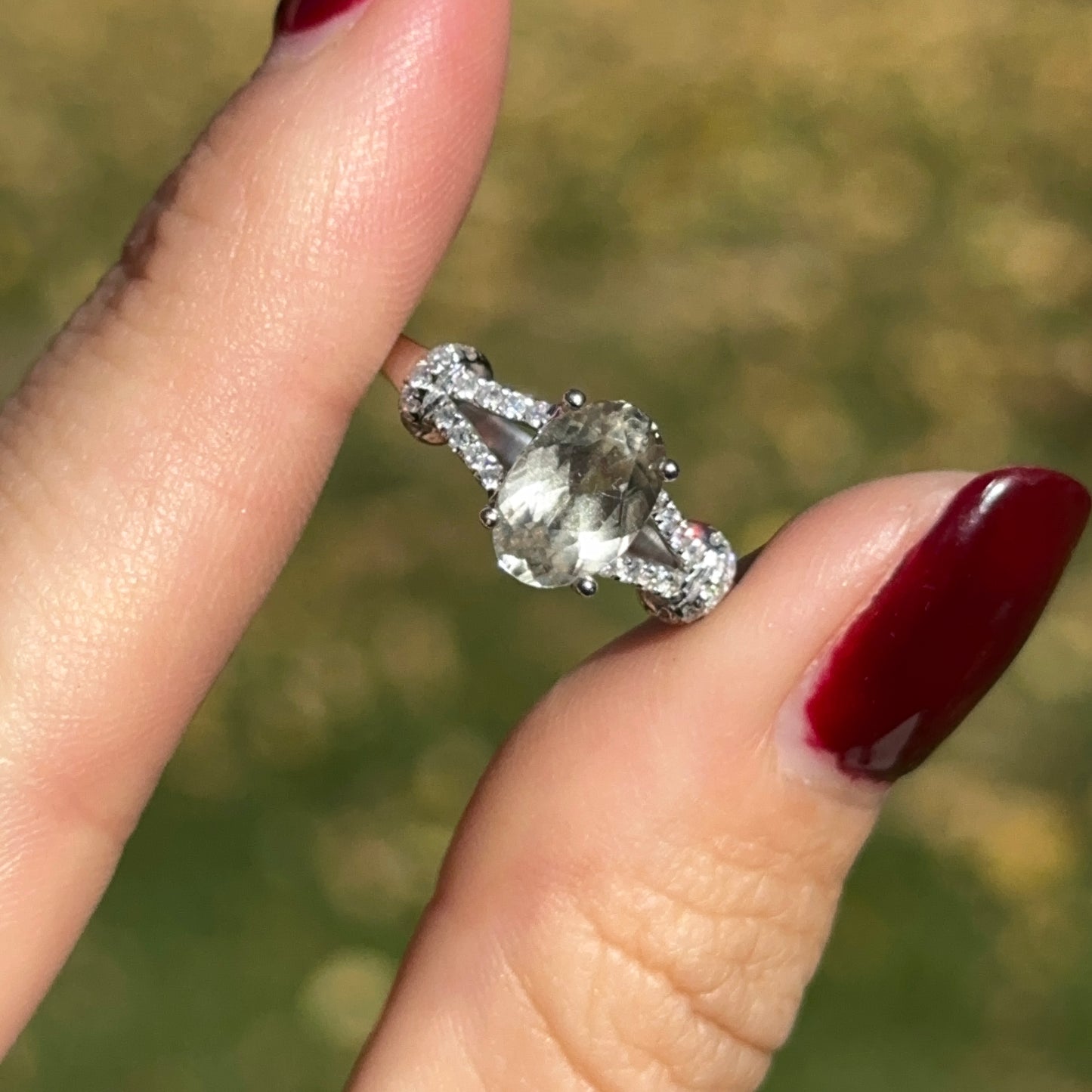 Estate 14KT White Gold Oval Prasiolite + Round Pave Diamond Ring