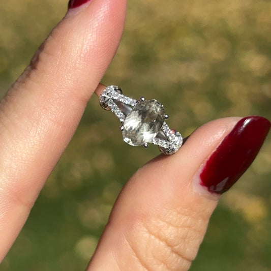 Estate 14KT White Gold Oval Prasiolite + Round Pave Diamond Ring