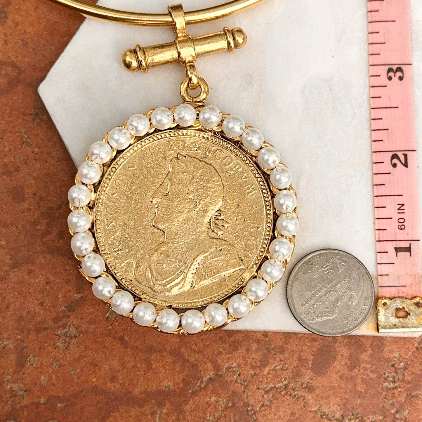Yellow Gold-Plated Brass Faux Coin with Faux Pearl Frame on a Hard Open Collar Necklace