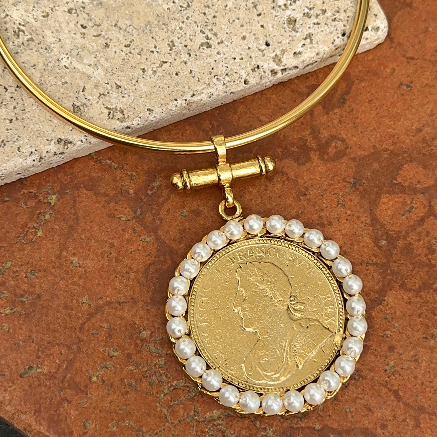 Yellow Gold-Plated Brass Faux Coin with Faux Pearl Frame on a Hard Open Collar Necklace