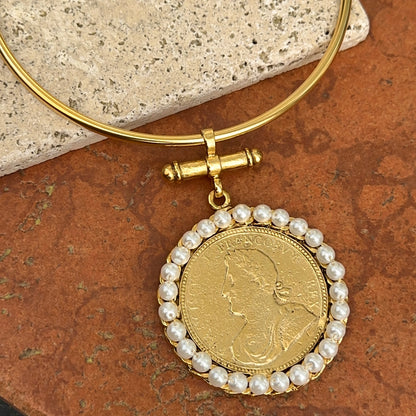 Yellow Gold-Plated Brass Faux Coin with Faux Pearl Frame on a Hard Open Collar Necklace