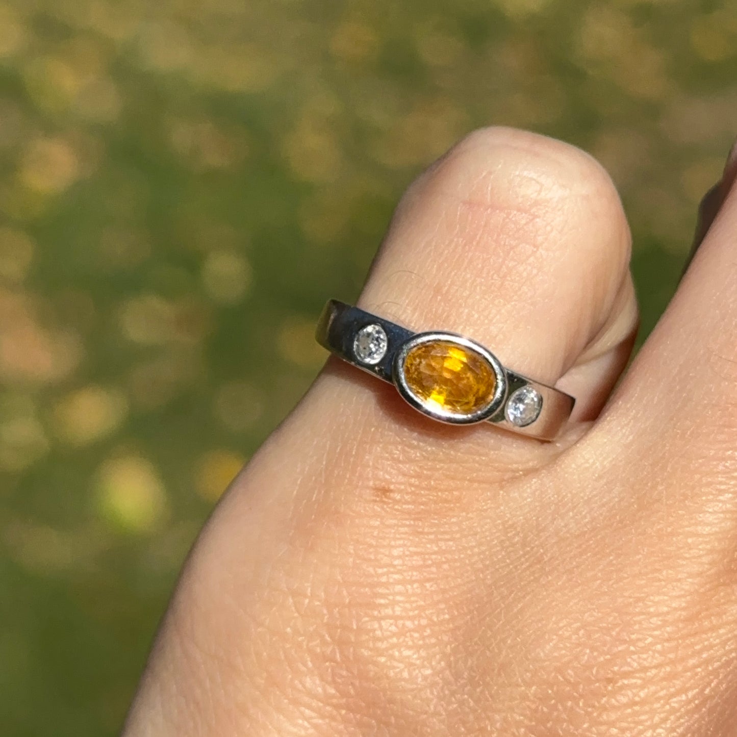 Estate 14KT White Gold Oval Yellow Sapphire + Round Diamond Ring