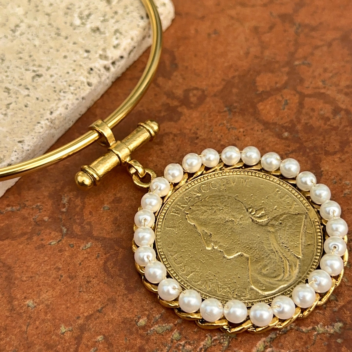 Yellow Gold-Plated Brass Faux Coin with Faux Pearl Frame on a Hard Open Collar Necklace