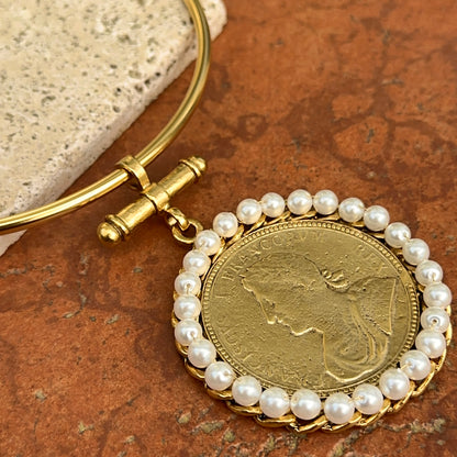 Yellow Gold-Plated Brass Faux Coin with Faux Pearl Frame on a Hard Open Collar Necklace