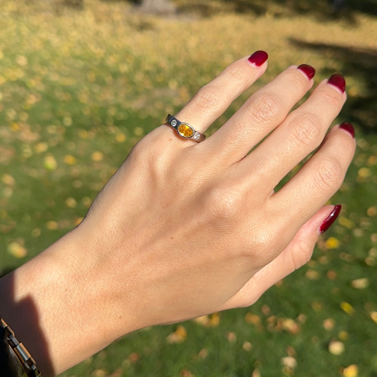 Estate 14KT White Gold Oval Yellow Sapphire + Round Diamond Ring