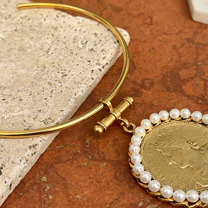 Yellow Gold-Plated Brass Faux Coin with Faux Pearl Frame on a Hard Open Collar Necklace