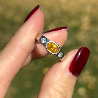 Estate 14KT White Gold Oval Yellow Sapphire + Round Diamond Ring