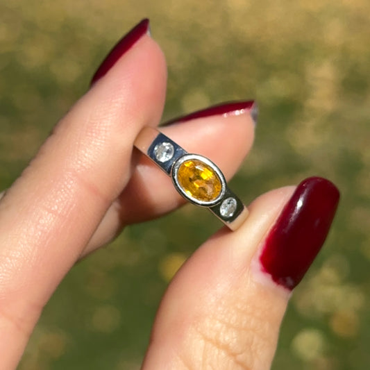 Estate 14KT White Gold Oval Yellow Sapphire + Round Diamond Ring