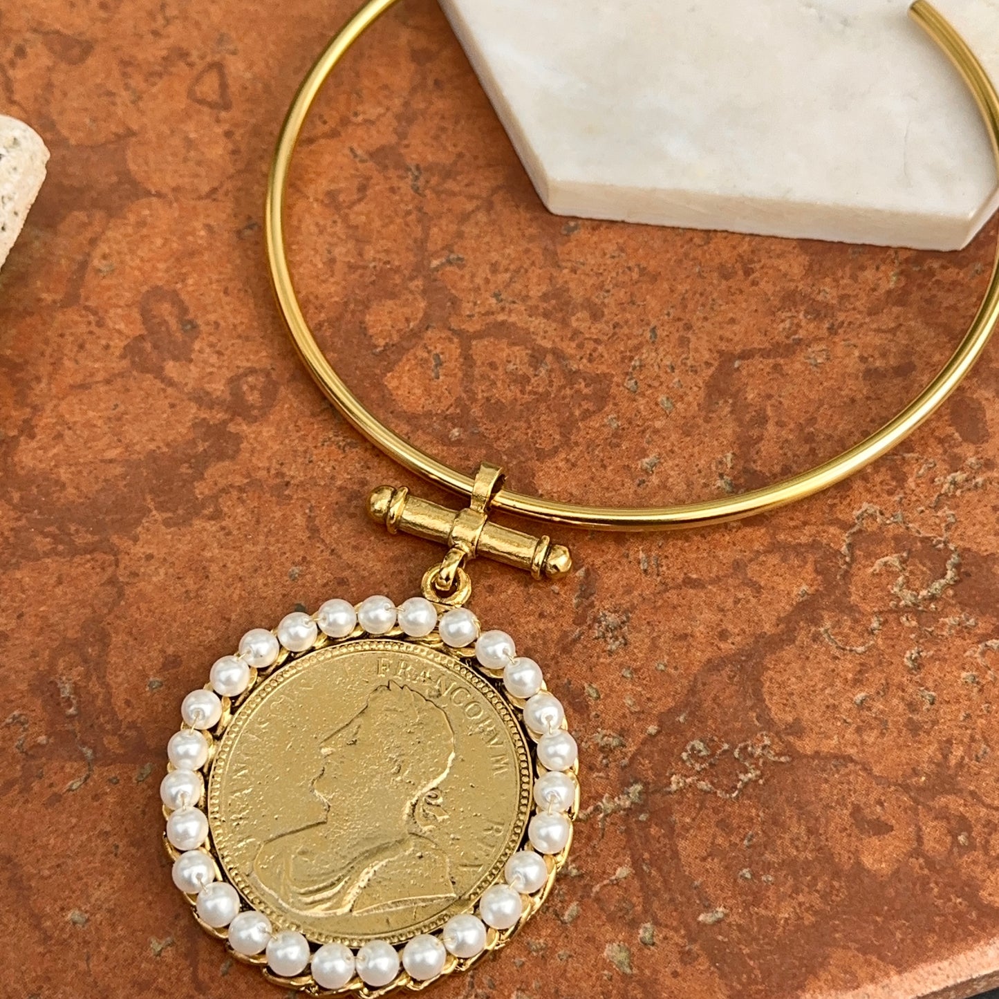 Yellow Gold-Plated Brass Faux Coin with Faux Pearl Frame on a Hard Open Collar Necklace