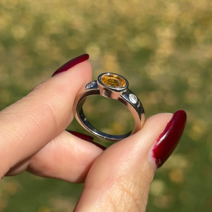 Estate 14KT White Gold Oval Yellow Sapphire + Round Diamond Ring