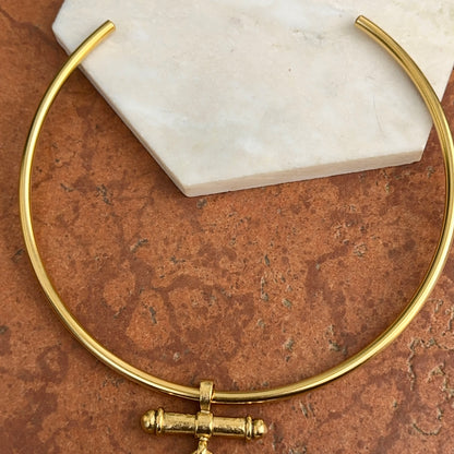 Yellow Gold-Plated Brass Faux Coin with Faux Pearl Frame on a Hard Open Collar Necklace