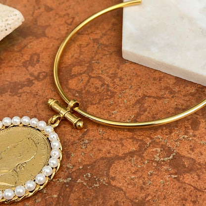 Yellow Gold-Plated Brass Faux Coin with Faux Pearl Frame on a Hard Open Collar Necklace