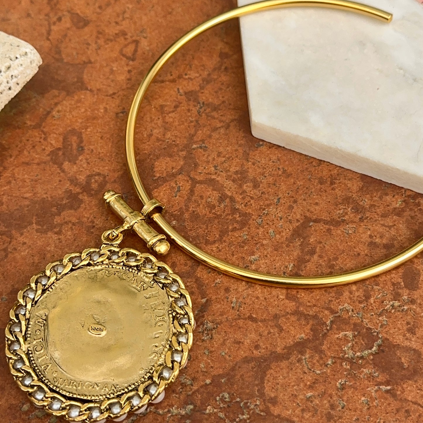 Yellow Gold-Plated Brass Faux Coin with Faux Pearl Frame on a Hard Open Collar Necklace