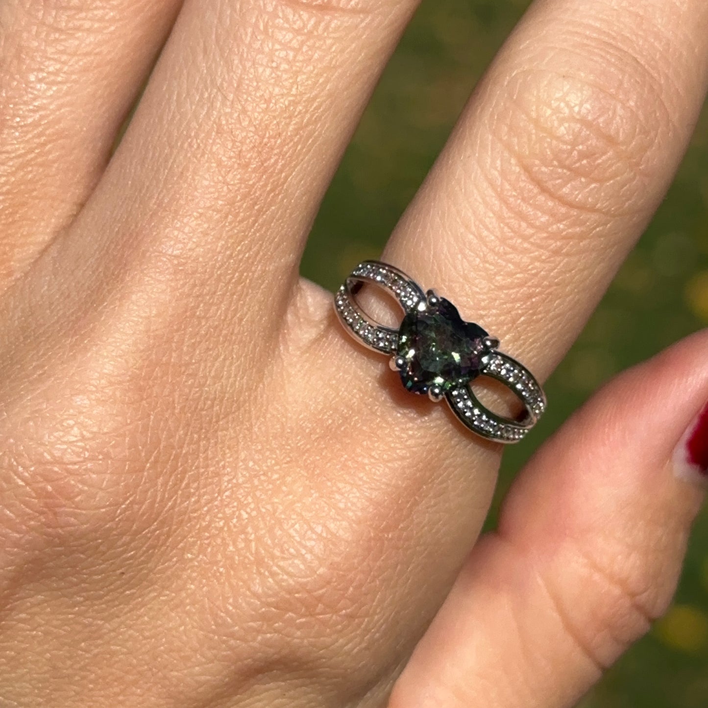 Estate Silver Heart Mystic Topaz + Round Cubic Zirconia Ring