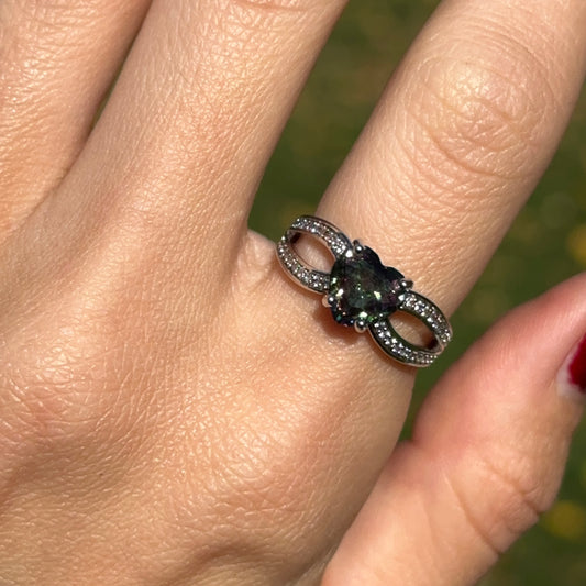 Estate Silver Heart Mystic Topaz + Round Cubic Zirconia Ring