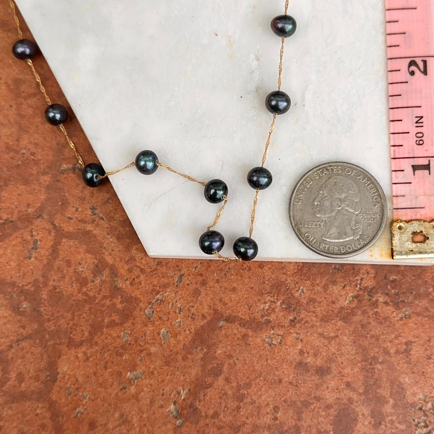 Estate 14KT Yellow Gold Black Freshwater Pearl Station Necklace