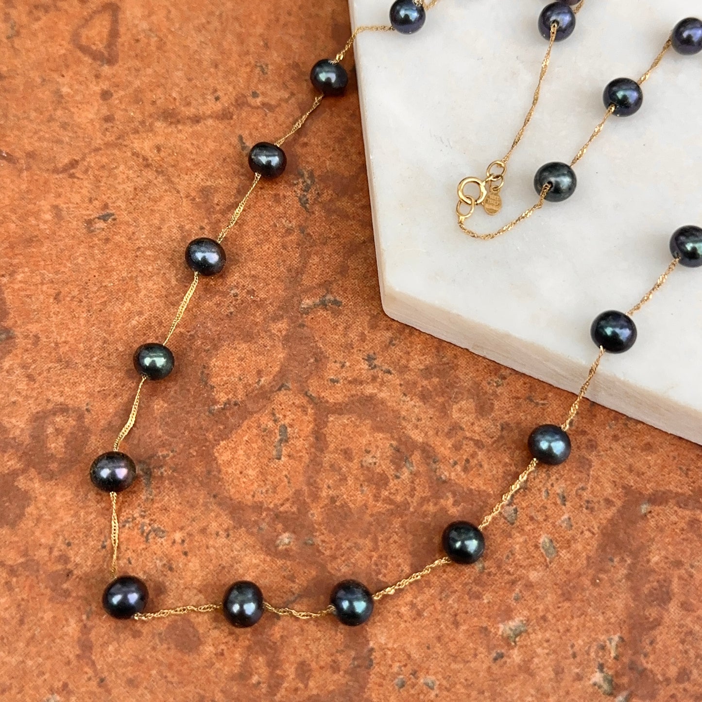 Estate 14KT Yellow Gold Black Freshwater Pearl Station Necklace