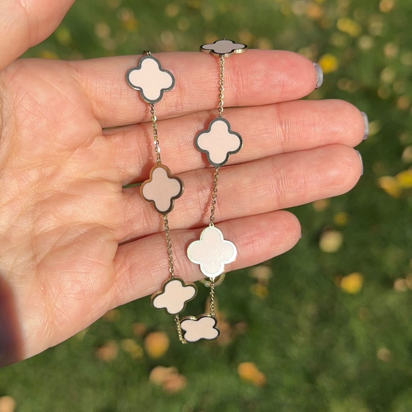 14KT Yellow Gold 14mm Light Pink Enamel Clover Station Chain Necklace