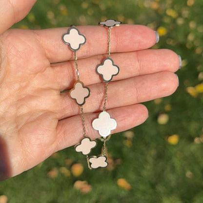14KT Yellow Gold 14mm Light Pink Enamel Clover Station Chain Necklace