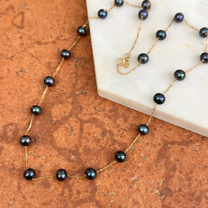 Estate 14KT Yellow Gold Black Freshwater Pearl Station Necklace