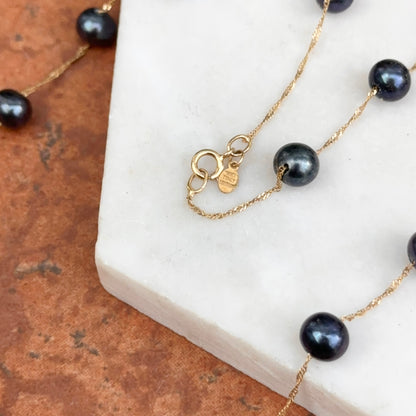 Estate 14KT Yellow Gold Black Freshwater Pearl Station Necklace