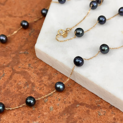 Estate 14KT Yellow Gold Black Freshwater Pearl Station Necklace