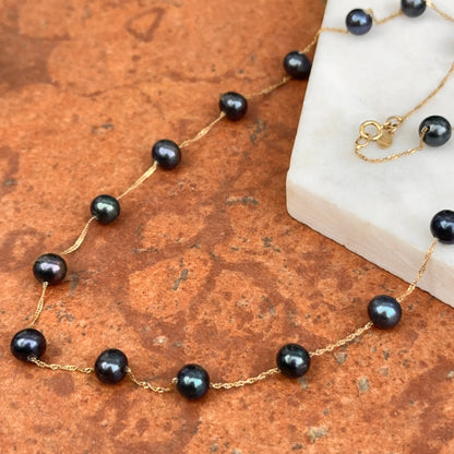 Estate 14KT Yellow Gold Black Freshwater Pearl Station Necklace