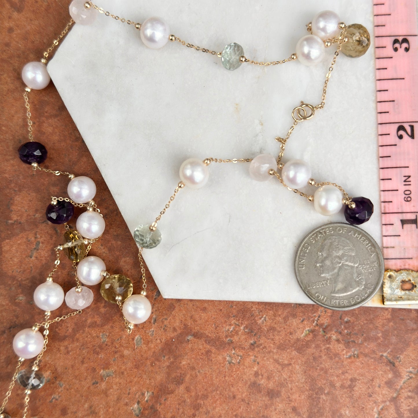 Estate 14KT Yellow Gold Pearl Bead + Checkerboard Rondelle Multi Gemstone Station Necklace