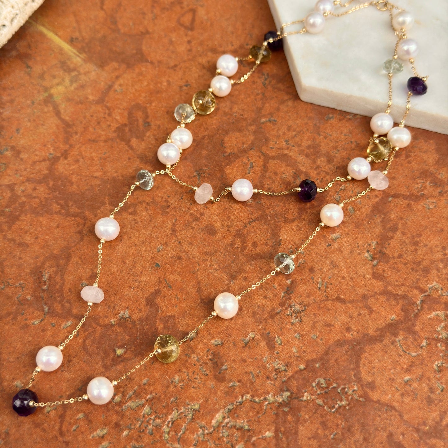 Estate 14KT Yellow Gold Pearl Bead + Checkerboard Rondelle Multi Gemstone Station Necklace