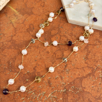 Estate 14KT Yellow Gold Pearl Bead + Checkerboard Rondelle Multi Gemstone Station Necklace
