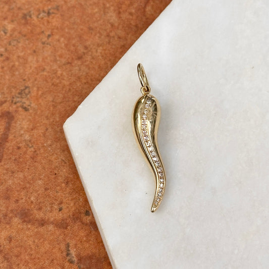 Estate 14KT Yellow Gold Solid Heavy Corno Italian Horn Pave Diamond Pendant