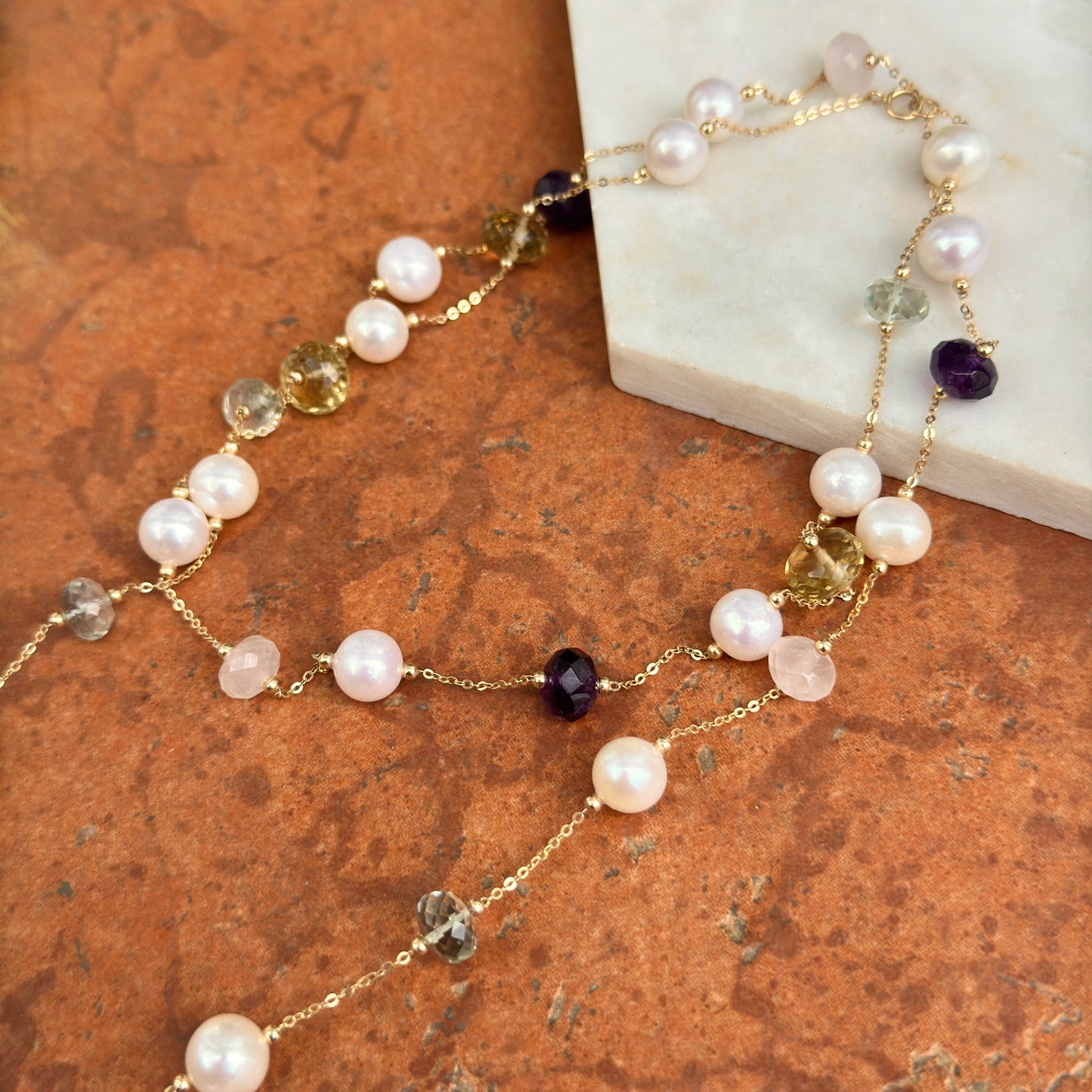 Estate 14KT Yellow Gold Pearl Bead + Checkerboard Rondelle Multi Gemstone Station Necklace