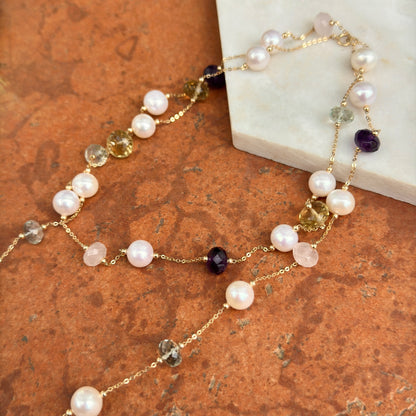 Estate 14KT Yellow Gold Pearl Bead + Checkerboard Rondelle Multi Gemstone Station Necklace
