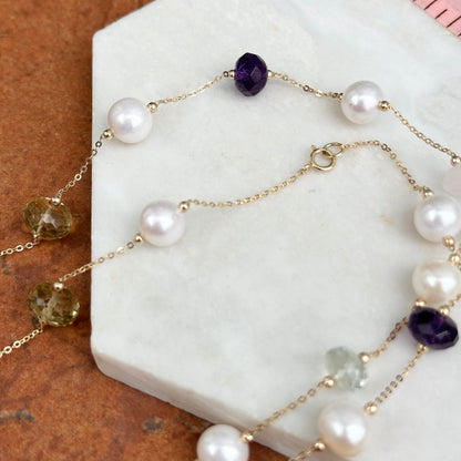 Estate 14KT Yellow Gold Pearl Bead + Checkerboard Rondelle Multi Gemstone Station Necklace