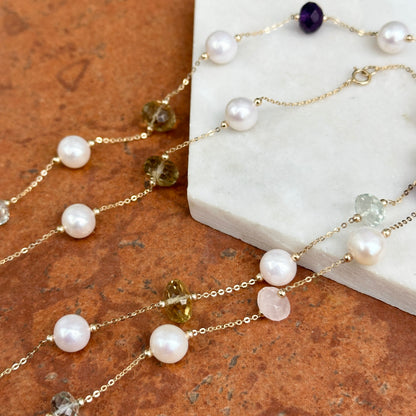 Estate 14KT Yellow Gold Pearl Bead + Checkerboard Rondelle Multi Gemstone Station Necklace